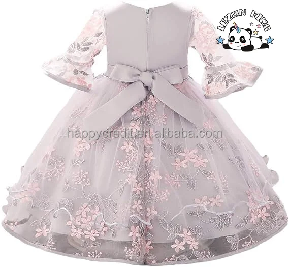 LEZONKIDS - 2024 Hot Sale Lace Princess Wedding Baptism Dress Long Sleeve Formal Party Wear for Girl